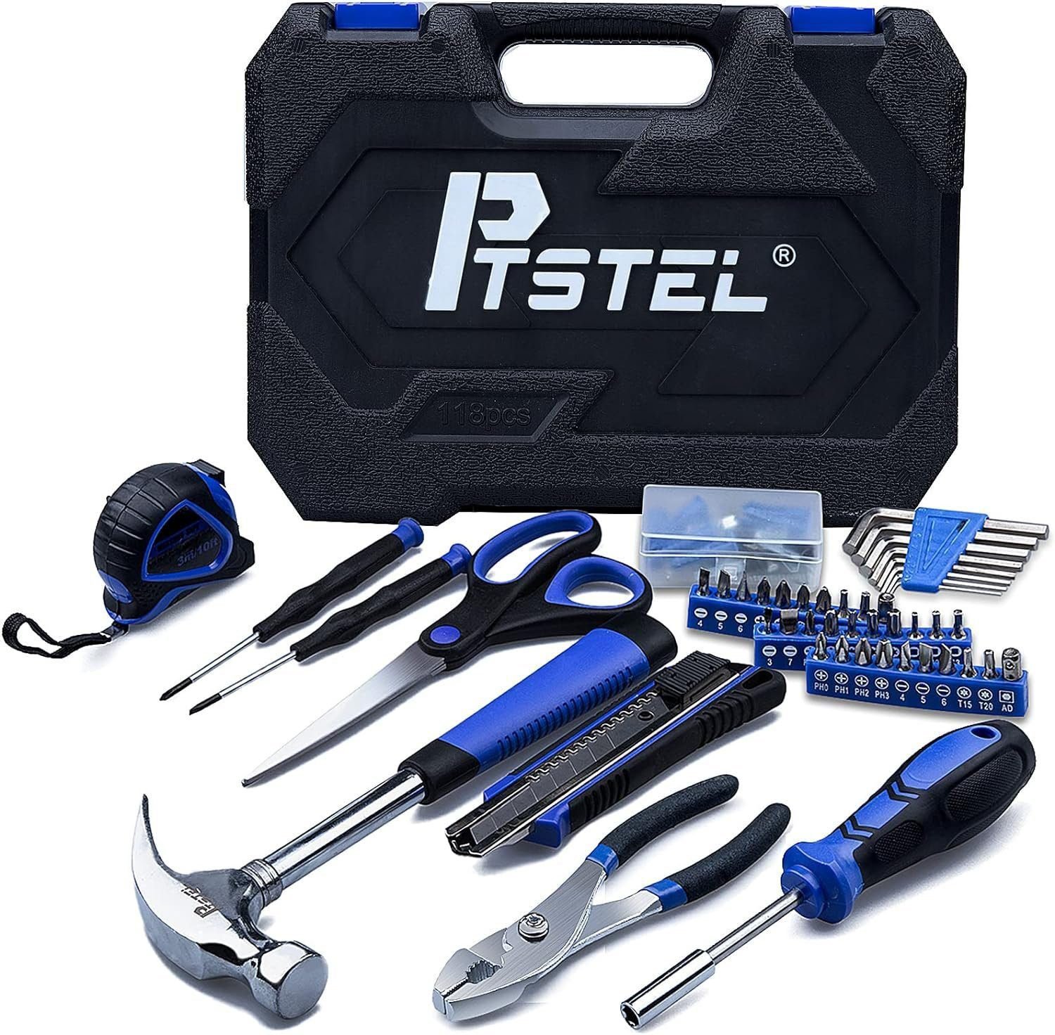 118pcs Tool Set for Home，PTSTEL Household Tool Kit Basic Tools Set for Men Beginners General Repair Tool Set with Blue Tool Box Storage for Home/DIY