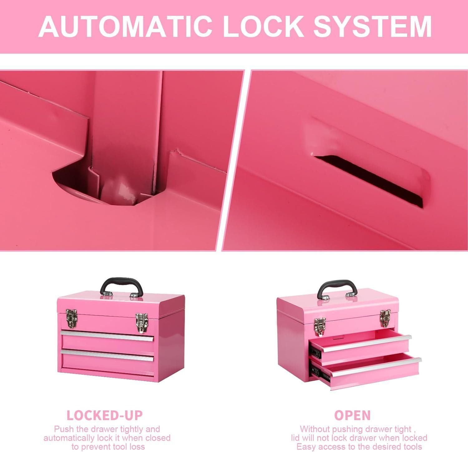 14 Inch Steel Portable Tool Box with drawers - Tool Storage Box Organizer with Metal Latch Closur - Powder Coated Toolbox Chest for Tools Storage Cabinet (PINK)