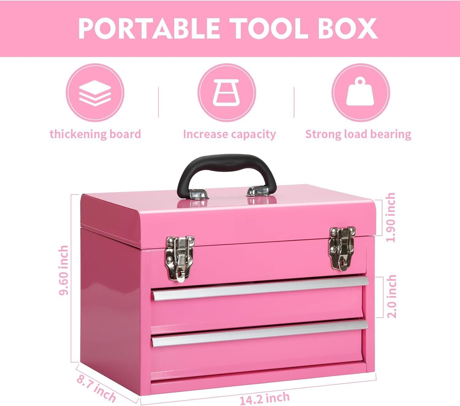 14 Inch Steel Portable Tool Box with drawers - Tool Storage Box Organizer with Metal Latch Closur - Powder Coated Toolbox Chest for Tools Storage Cabinet (PINK)
