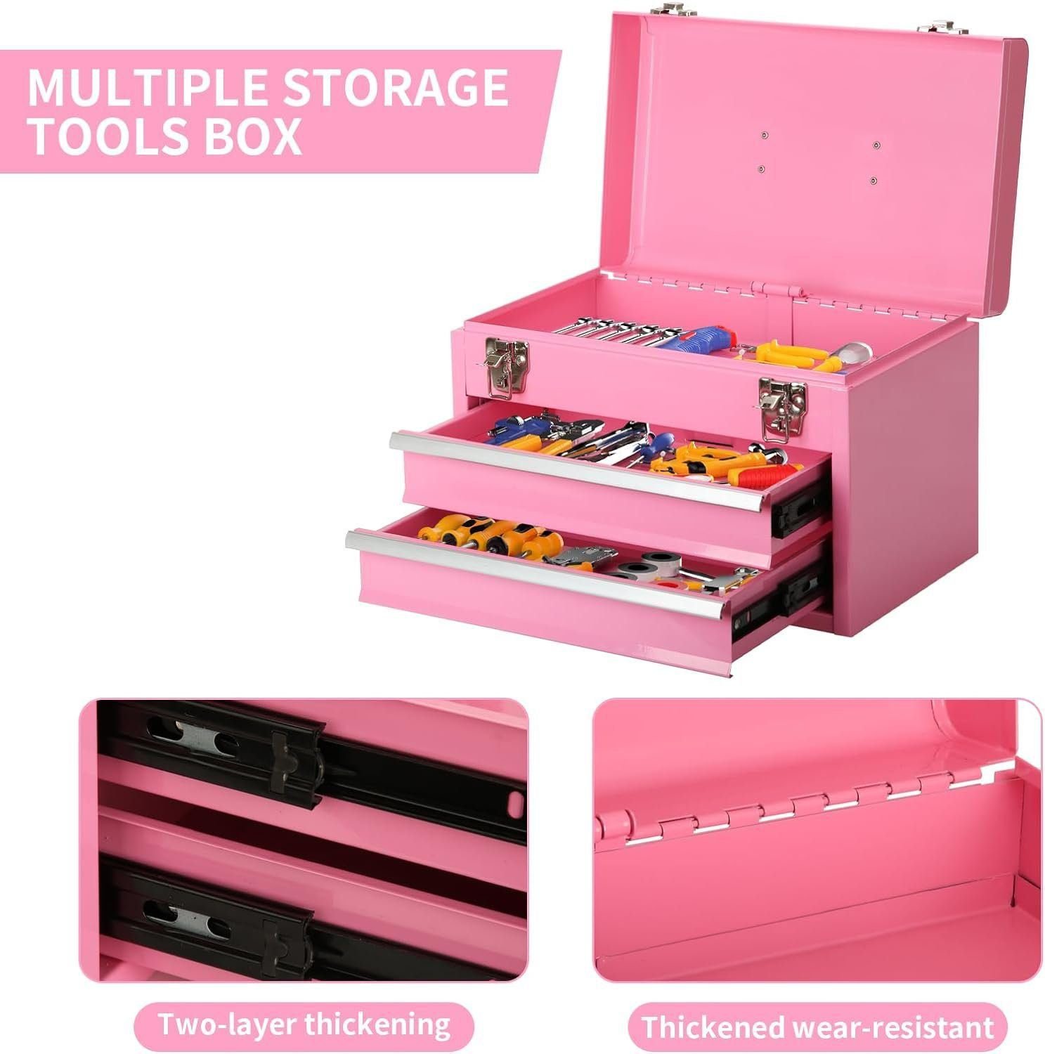 14 Inch Steel Portable Tool Box with drawers - Tool Storage Box Organizer with Metal Latch Closur - Powder Coated Toolbox Chest for Tools Storage Cabinet (PINK)