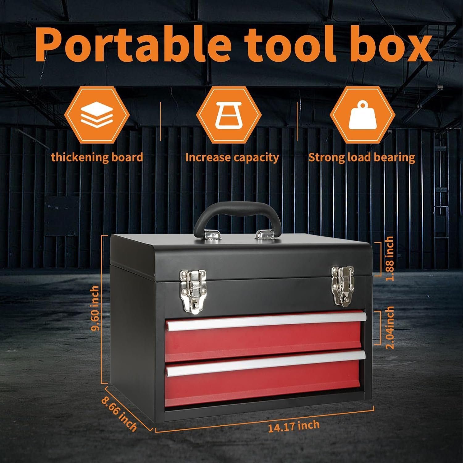 2 Drawers Portable Steel Tool Box with Metal Latch Closure - Black Hand Carry Metal 14“ Tool Chest Case Organizer for Tools Storage Cabinet - Powder Coated Toolbox Chest (EXCLUDING TOOLS)