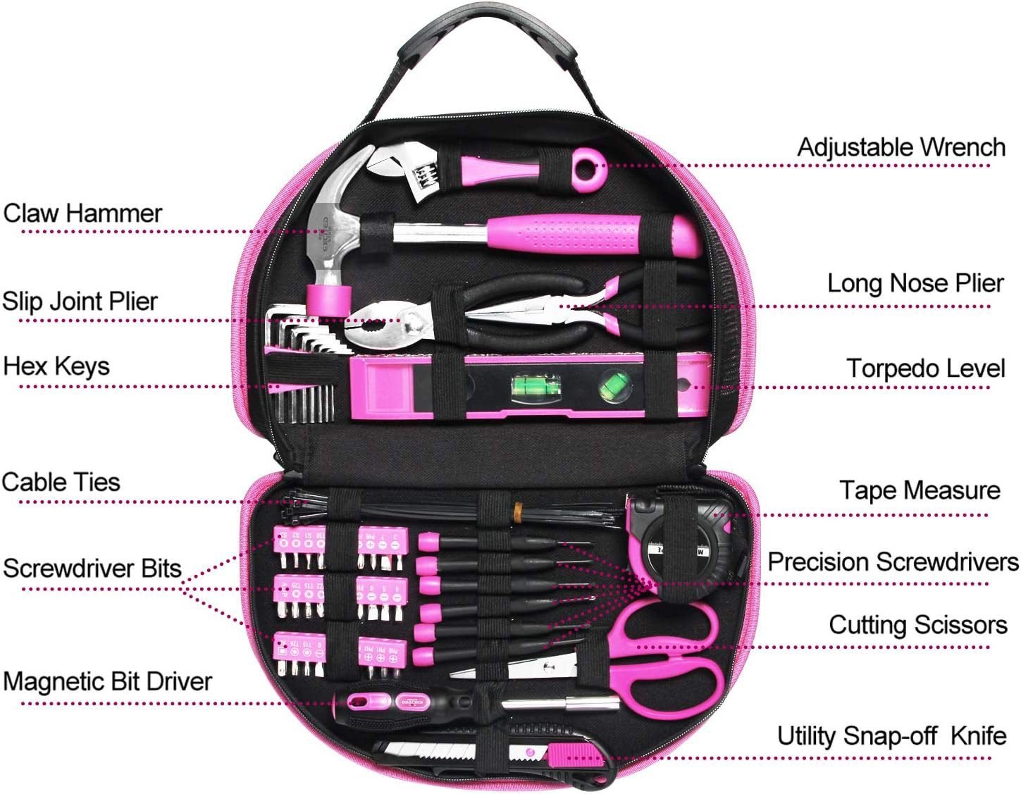 69 Piece Pink Tool kit, Ladies Hand Tool Set with Easy Carrying Round Pouch Household Tool Kit Perfect for DIY, Home Maintenance and Dorm Repair 69 Piece Pink Tool kit, Ladies Hand Tool Set with Easy Carrying Round Pouch Household Tool Kit Perfect for DIY, Home Maintenance and Dorm Repair