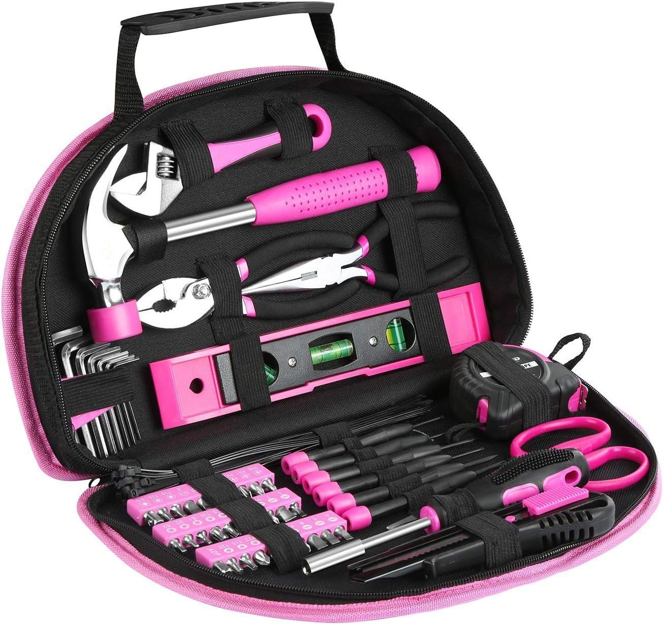 69 Piece Pink Tool kit, Ladies Hand Tool Set with Easy Carrying Round Pouch Household Tool Kit Perfect for DIY, Home Maintenance and Dorm Repair 69 Piece Pink Tool kit, Ladies Hand Tool Set with Easy Carrying Round Pouch Household Tool Kit Perfect for DIY, Home Maintenance and Dorm Repair