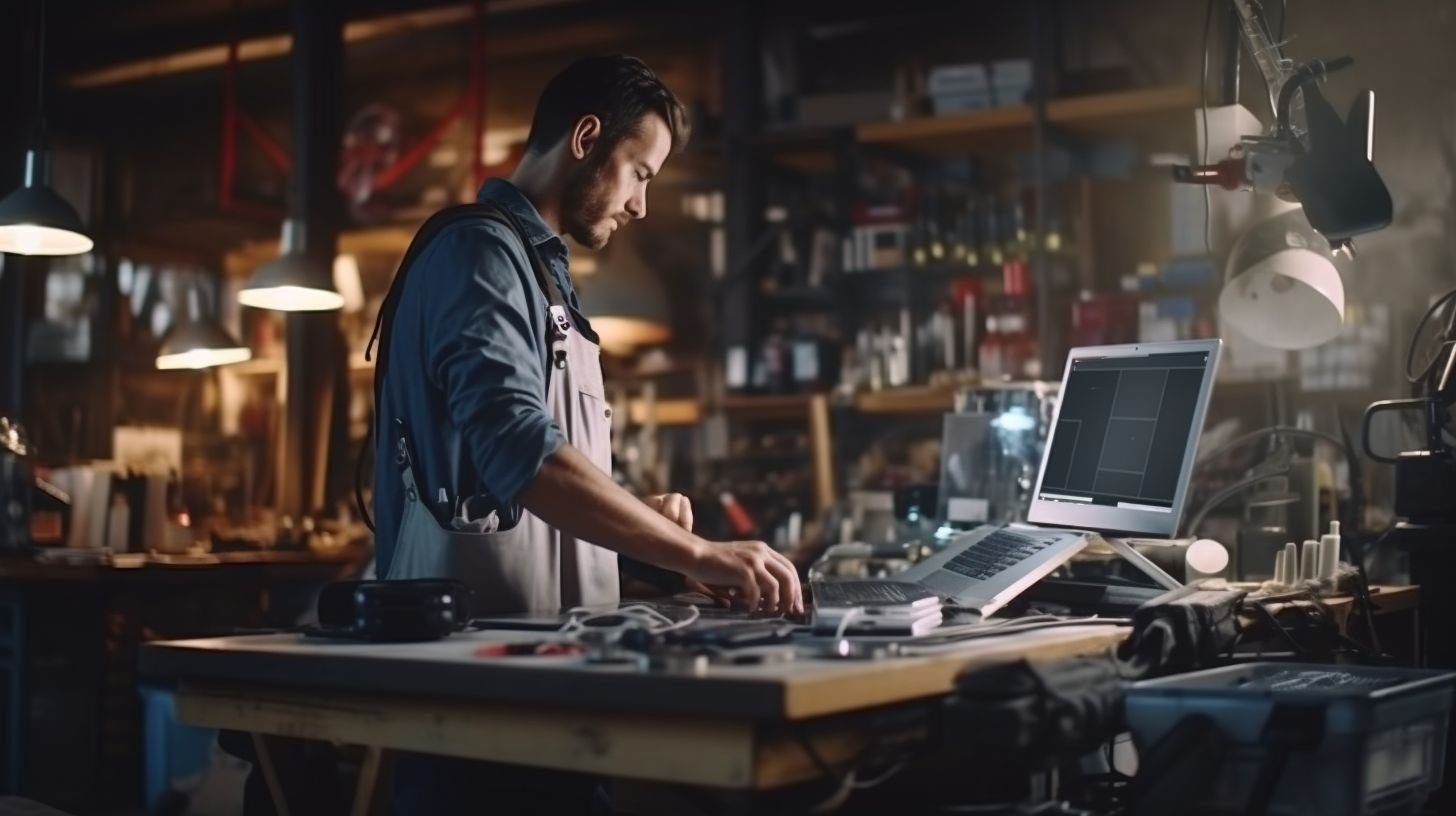 A modern workshop featuring a high-tech electronic tool belt.