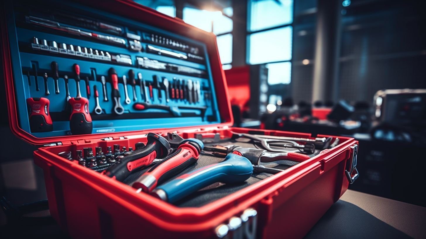 A neatly organized toolbox with essential electrical tools in a workshop.
