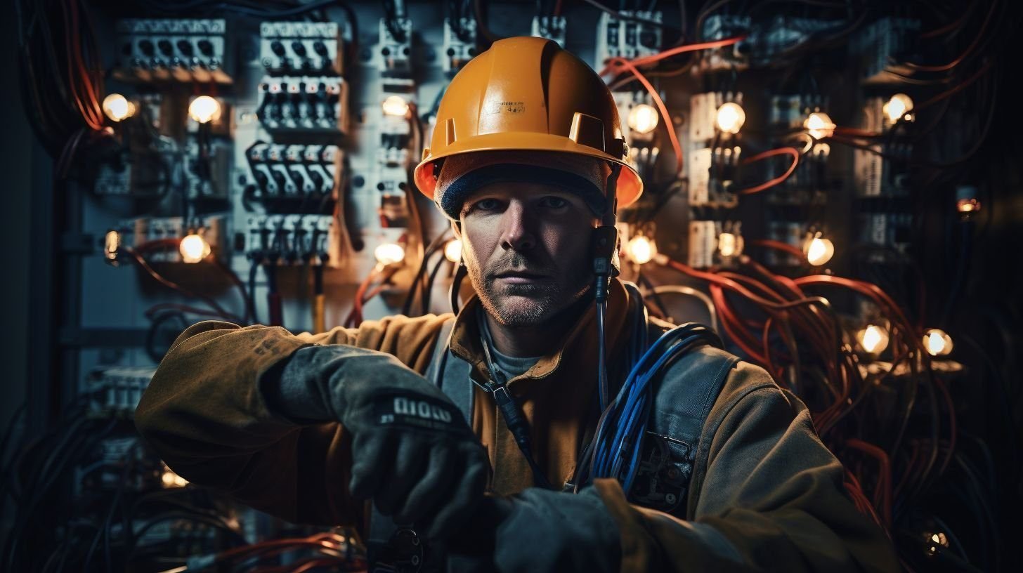 An electrician in safety gear surrounded by electrical tools and equipment.