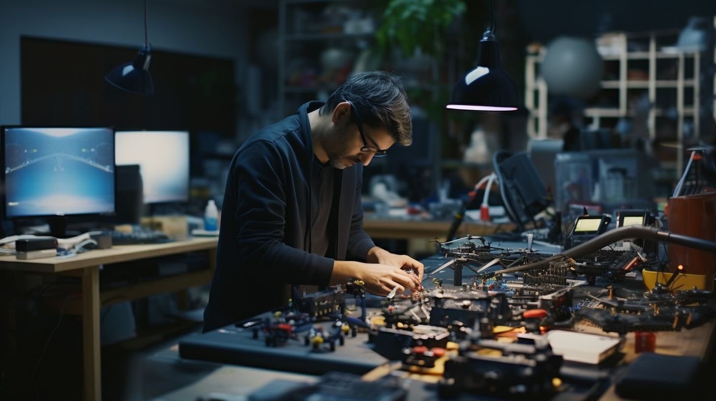 A futuristic workshop uses advanced tools and drones for electrical analysis.