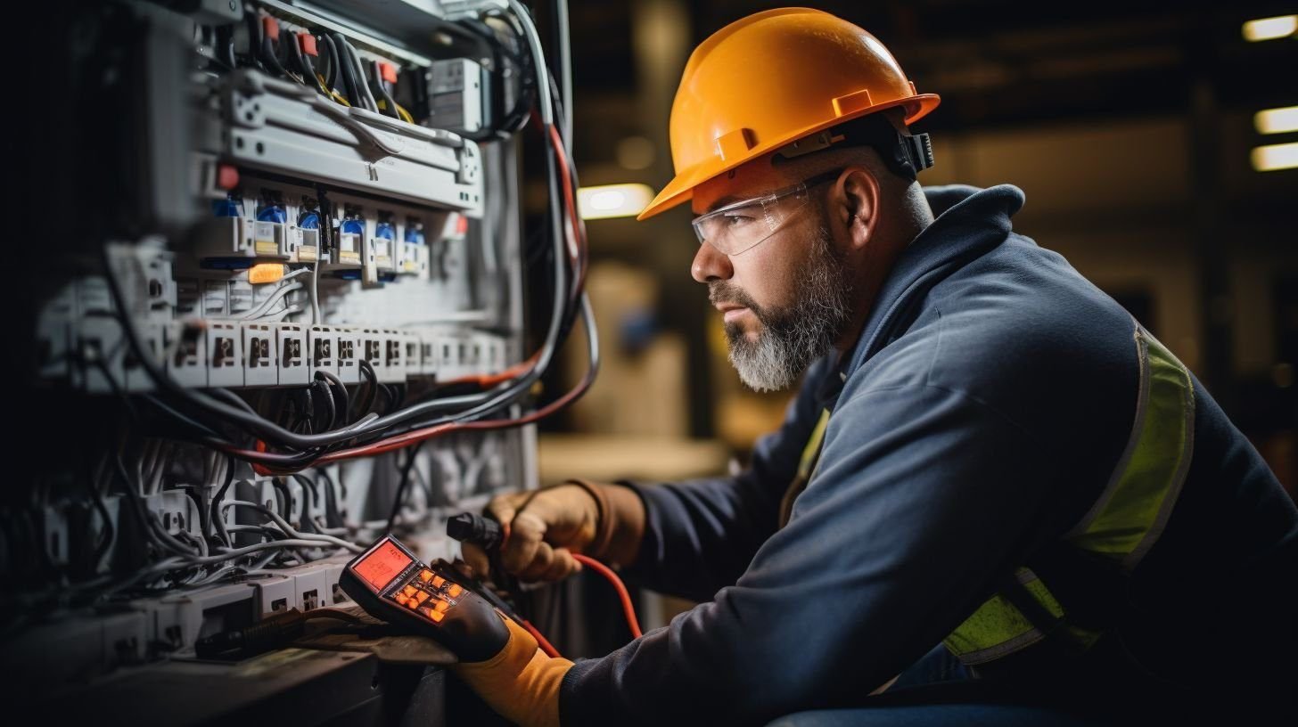 A confident electrician using insulated tools in an industrial setting.