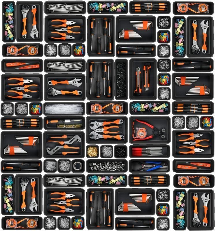 A-LUGEI【𝟰𝟮𝗣𝗖𝗦】【Black】 Tool Box Organizer Tray Divider Set, Desk Drawer Organizer, Garage Organization and Storage Toolbox Accessories for Rolling Tool Chest Cart Cabinet Work Bench Small Parts
