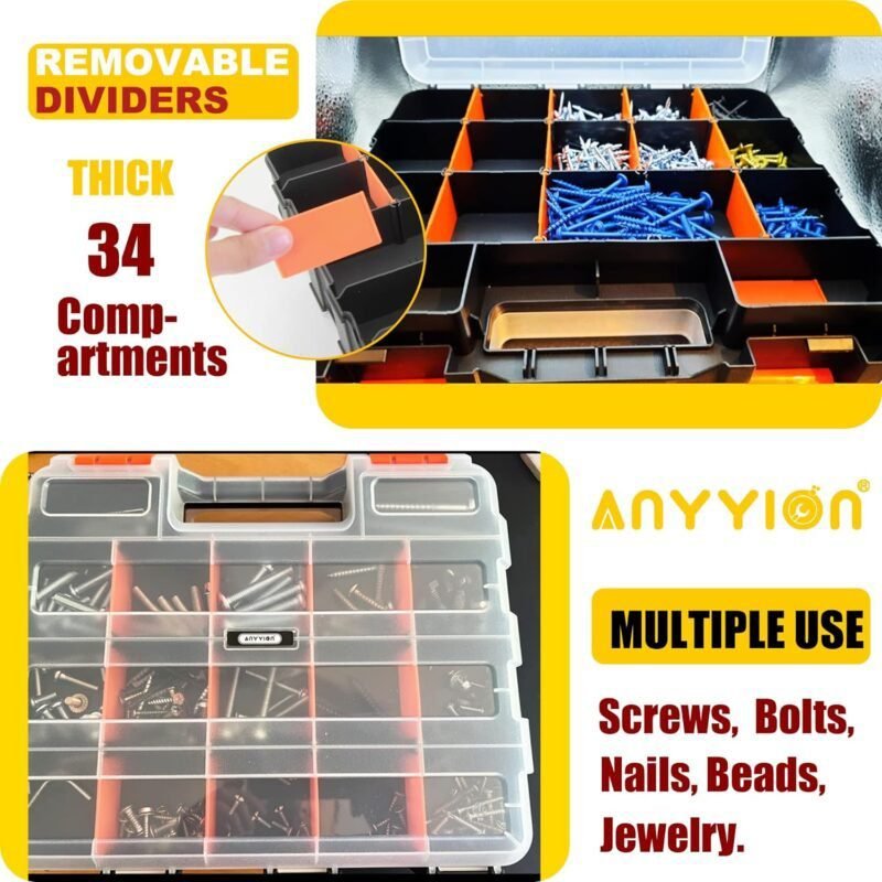 Anyyion Small Parts Organizer, 34-Compartments Double Side parts organizer with Removable Dividers for Hardware, Screws, Bolts, Nails, Beads, Jewelry  More by Stalwart