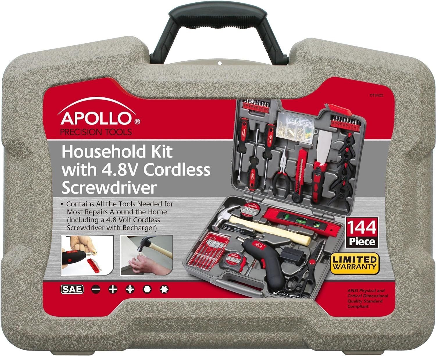 Apollo Tools 144 Piece Household Tool Set with Convenient Cordless Screwdriver and Most Used Tools in Sturdy Carrying Case for Home Repairs, DIY and Crafts - Red - DT8422