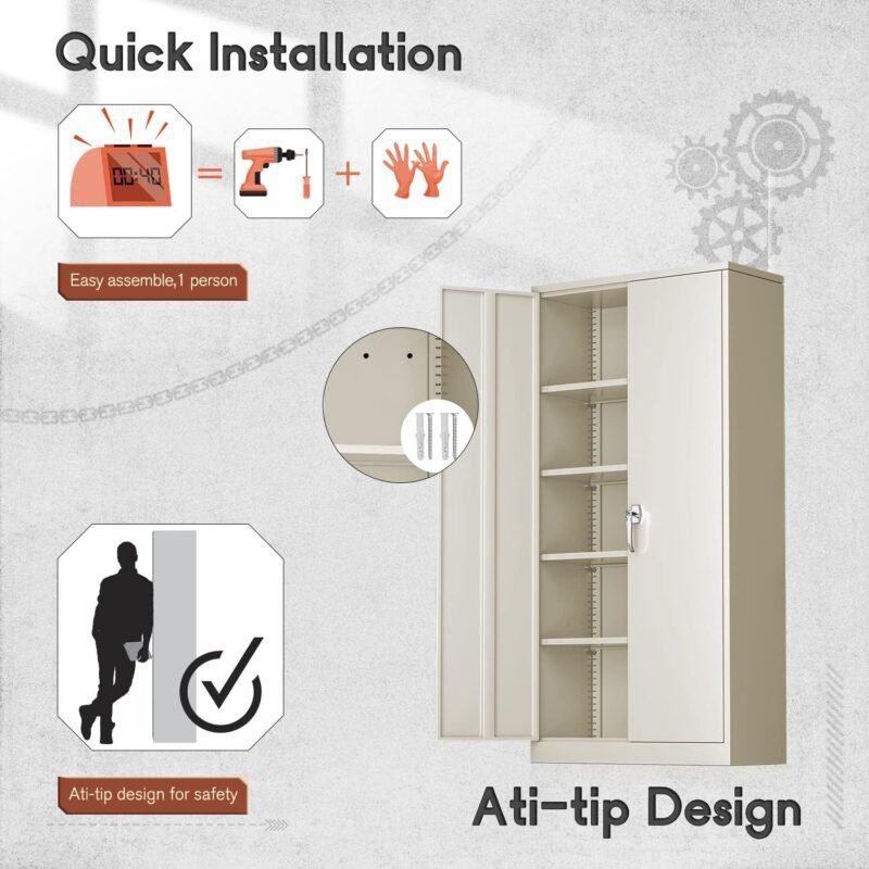 Atripark Metal Storage Cabinet with Lock, 72 Lockable Garage Tool Cabinet with Doors and Shelves, Tall Steel Cabinet for Garage, Heavy-Duty Black File Cabinet for Home Office, Gym, School