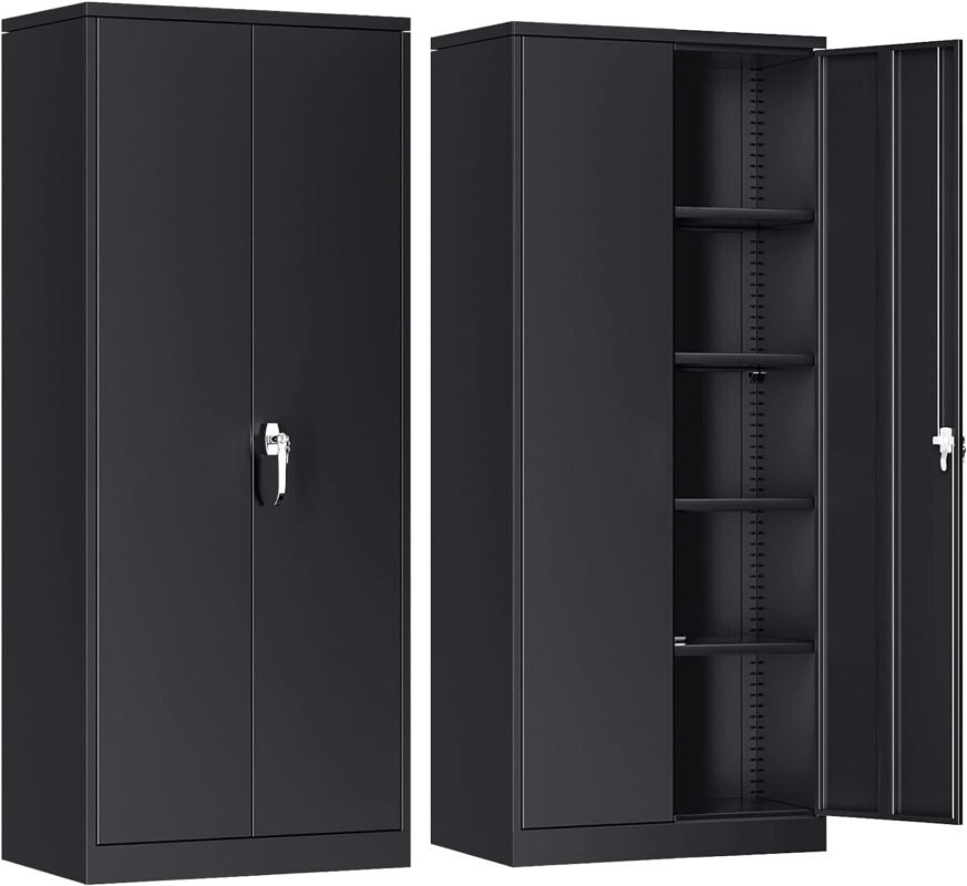 Atripark Metal Storage Cabinet with Lock, 72 Lockable Garage Tool Cabinet with Doors and Shelves, Tall Steel Cabinet for Garage, Heavy-Duty Black File Cabinet for Home Office, Gym, School