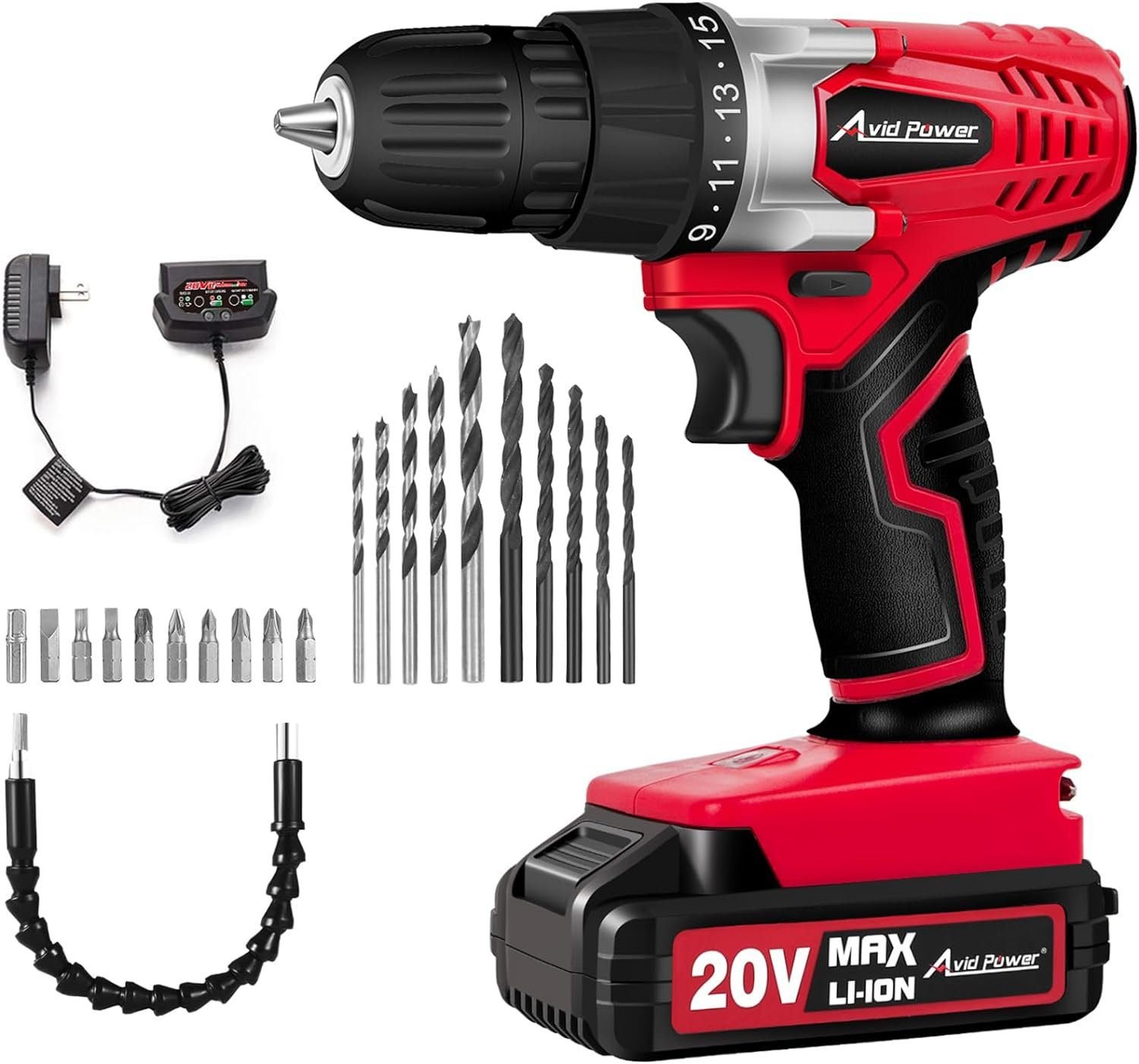 AVID POWER 20V MAX Lithium lon Cordless Drill Set, Power Drill Kit with Battery and Charger, 3/8-Inch Keyless Chuck, Variable Speed, 16 Position and 22pcs Drill Bits (Red) AVID POWER 20V MAX Lithium lon Cordless Drill Set, Power Drill Kit with Battery and Charger, 3/8-Inch Keyless Chuck, Variable Speed, 16 Position and 22pcs Drill Bits (Red)