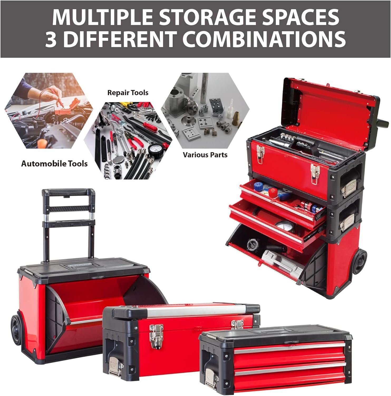 BIG RED Stackable Portable Metal Tool Box Organizer with Wheels and 2 Drawers, Rolling Upright Trolley Tool Chest for Garage or Workshop,Red,ATRJF-C305ABDR