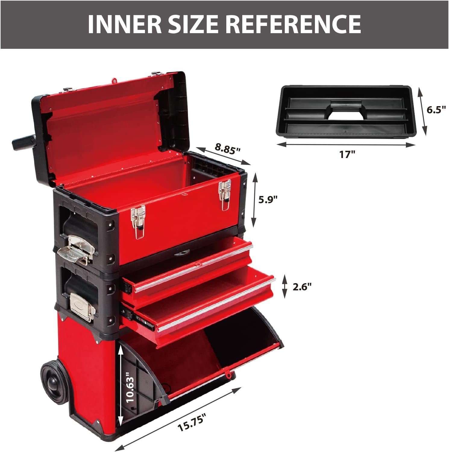 BIG RED Stackable Portable Metal Tool Box Organizer with Wheels and 2 Drawers, Rolling Upright Trolley Tool Chest for Garage or Workshop,Red,ATRJF-C305ABDR