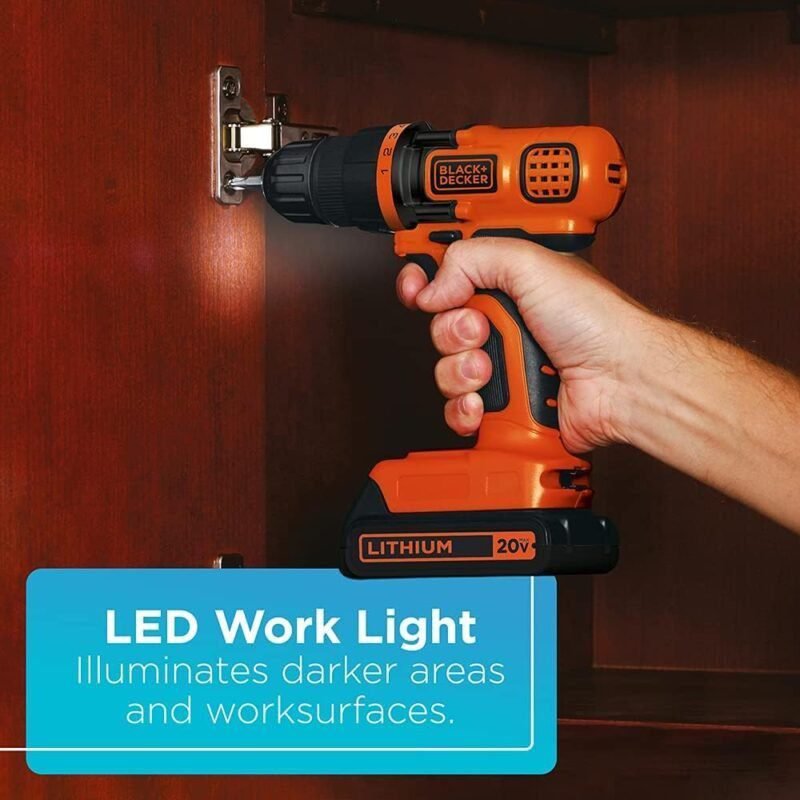 BLACK+DECKER 20V MAX Cordless Drill and Driver, 3/8 Inch, With LED Work Light, Battery and Charger Included (LDX120C)