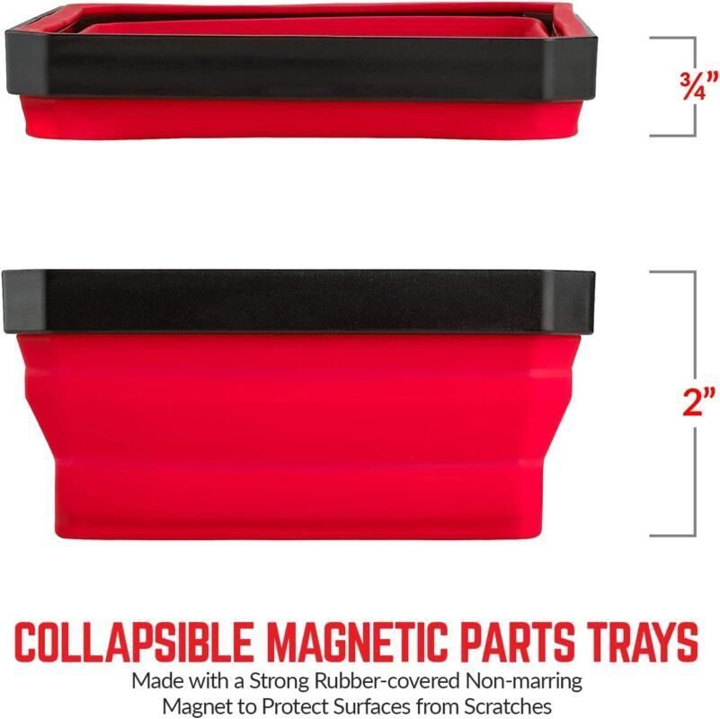 Collapsible Magnetic Parts Tray Set - (Pack of 3) Tool Trays for Screw, Bolts, Nuts, Washers, Pins and Other Small Metal Parts - 4.25 Inch Square - Red, Blue, and Green