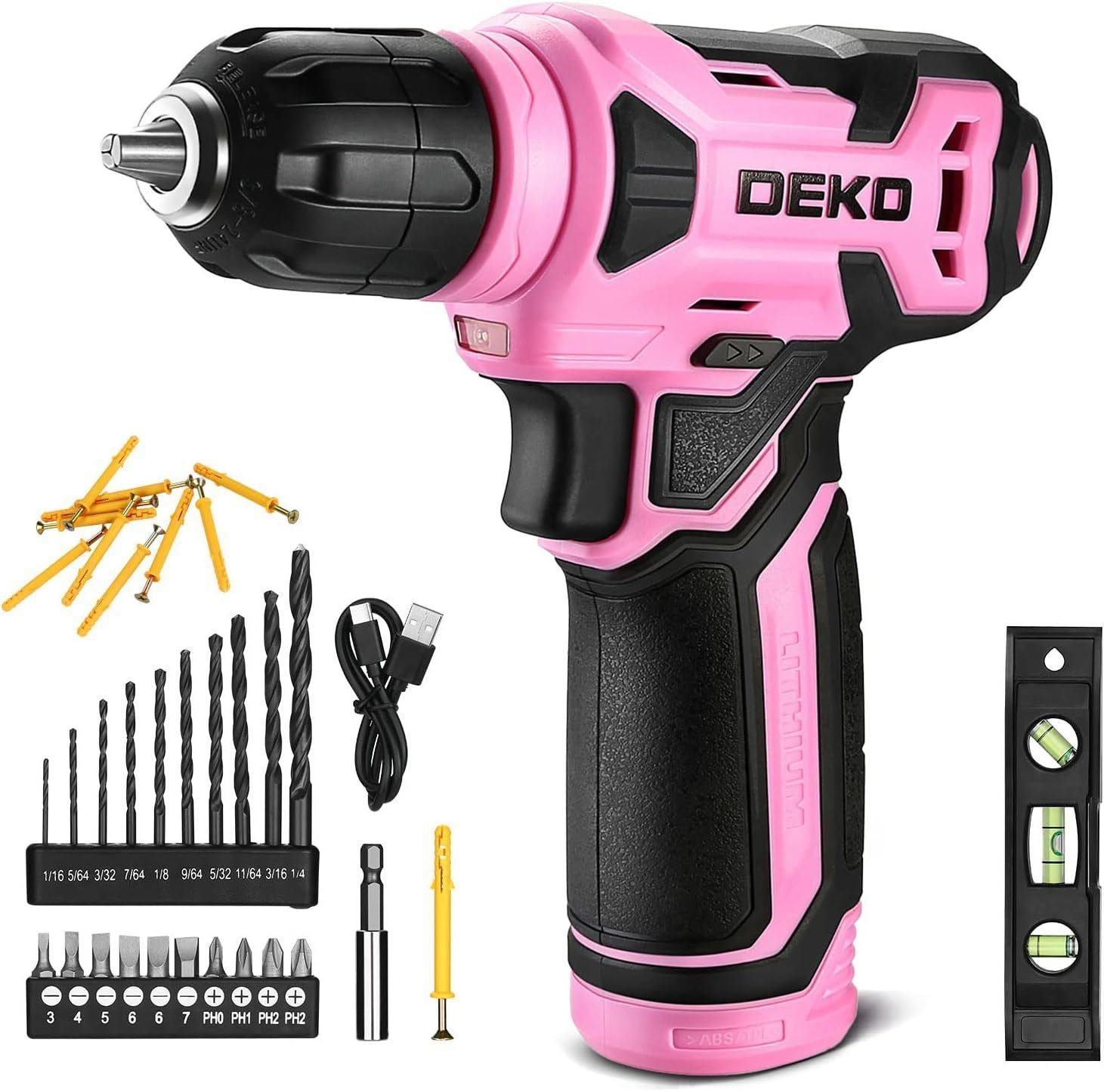 DEKO 8V Cordless Drill, Drill Set with 3/8Keyless Chuck, 42pcs Acessories, Built-in LED, Type-C Charge Cable, Pink Power Drill for Drilling and Tightening/Loosening Screws