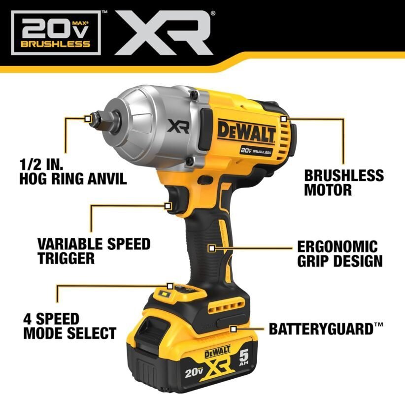 DEWALT 20V MAX Cordless Impact Wrench Kit, 1/2 Hog Ring With 4-Mode Speed, Includes Battery, Charger and Bag (DCF900P1) DEWALT 20V MAX Cordless Impact Wrench Kit, 1/2 Hog Ring With 4-Mode Speed, Includes Battery, Charger and Bag (DCF900P1)