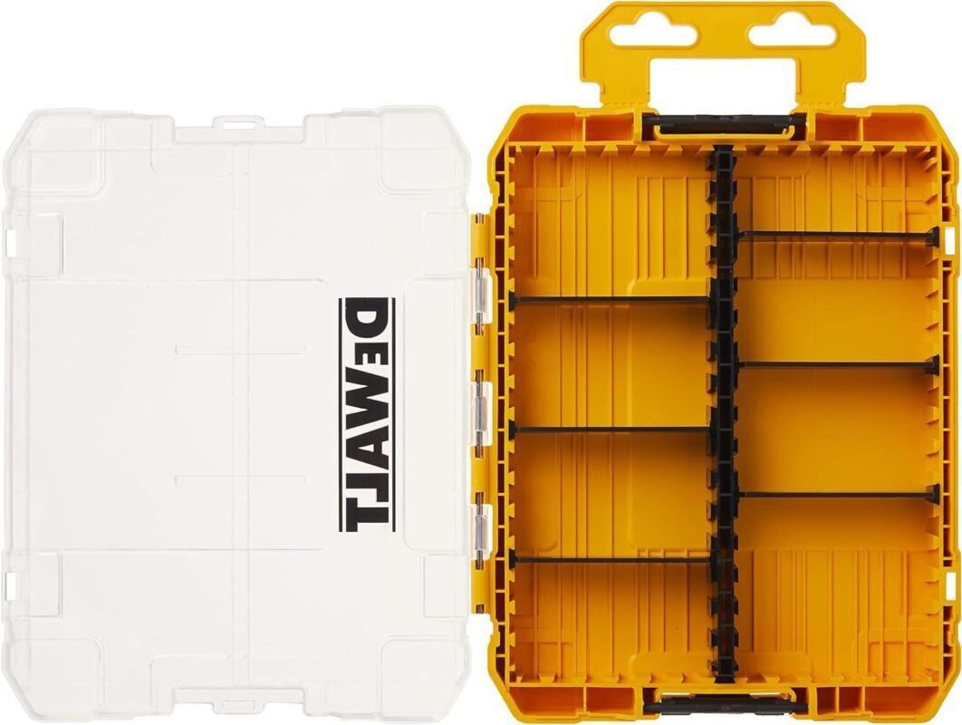 DEWALT TSTAK Tool Box, 8-Compartments, Clear Lid Organizer, Side Latches for Easy Connection, Removable Compartments for Small Tools and Accessories(DWAN2190),Yellow