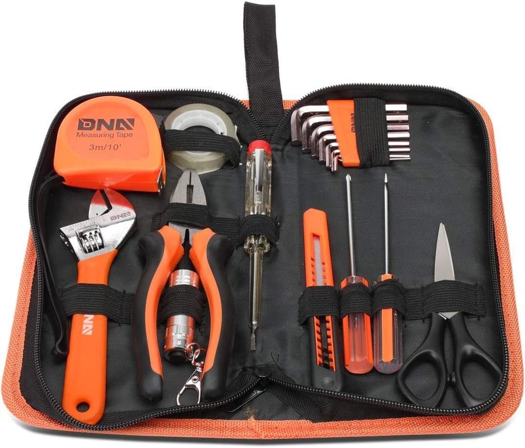 DNA Motoring TOOLS-00032 18 Piece Mechanics Home Repair Tool Set, Includes Pliers, Wrench, Hex Keys, Screwdrivers, Scissors, and Tape Measurer, 1 Kit, Orange/Black