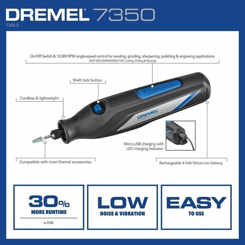 Dremel 7350-5 Cordless Rotary Tool Kit, Includes 4V Li-ion Battery and 5 Rotary Tool Accessories - Ideal for Light DIY Projects and Precision Work