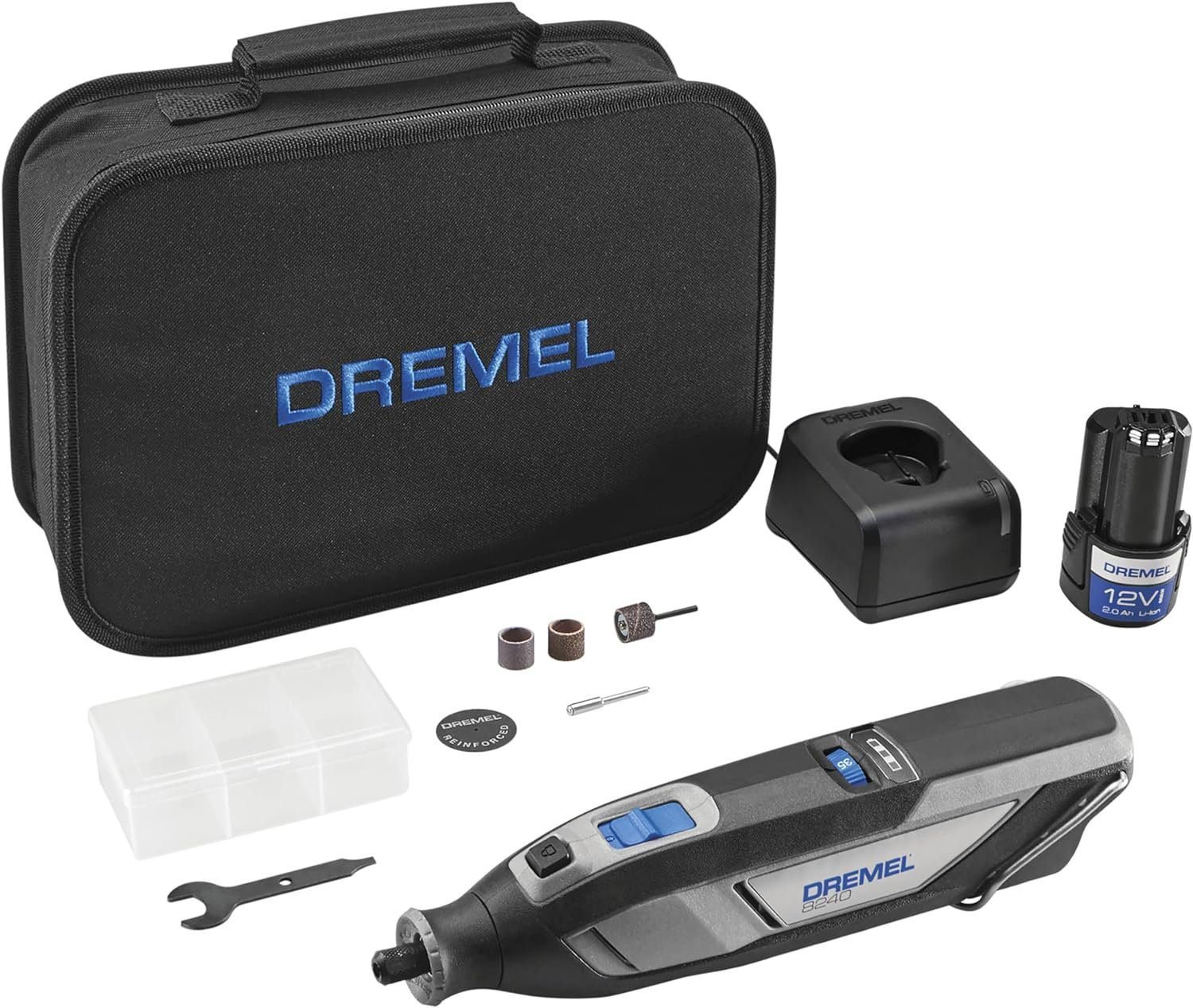 Dremel 8240 12V Cordless Rotary Tool Kit with Variable Speed and Comfort Grip - Includes 2AH Battery Pack, Charger, 5 Accessories  Wrench, Tool Fabric Carry Bag, and Instruction Manual