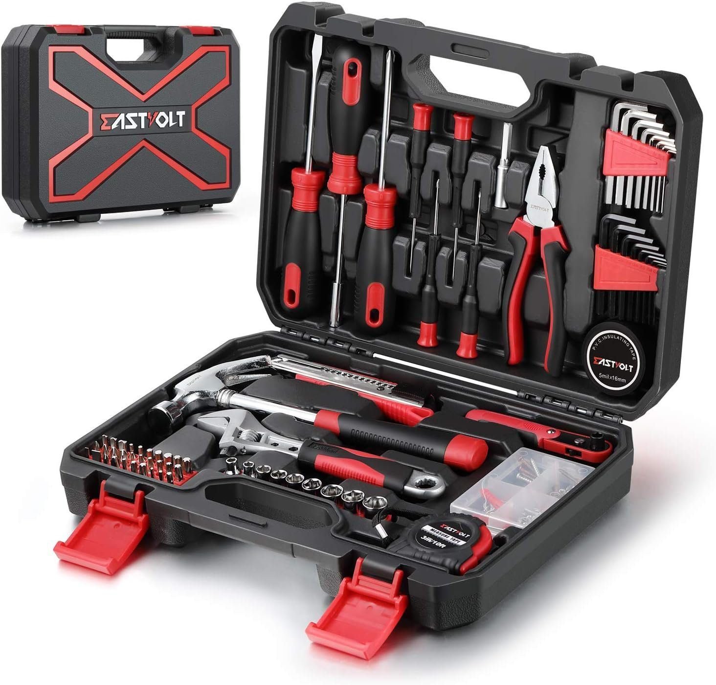 Eastvolt 128-Piece Home Repair Tool Set, Tool Sets for Homeowners, General Household Hand Tool Set with Storage Toolbox, EVHT12801, Black + Red (ASK01) Eastvolt 128-Piece Home Repair Tool Set, Tool Sets for Homeowners, General Household Hand Tool Set with Storage Toolbox, EVHT12801, Black + Red (ASK01)