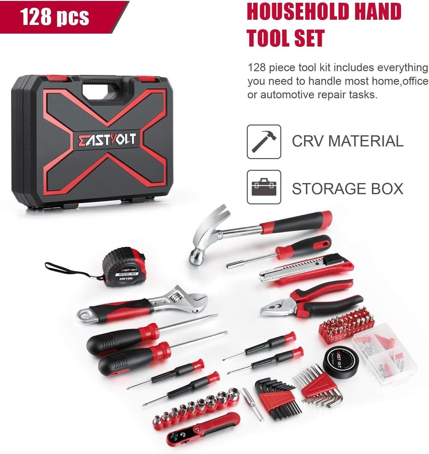 Eastvolt 128-Piece Home Repair Tool Set, Tool Sets for Homeowners, General Household Hand Tool Set with Storage Toolbox, EVHT12801, Black + Red (ASK01) Eastvolt 128-Piece Home Repair Tool Set, Tool Sets for Homeowners, General Household Hand Tool Set with Storage Toolbox, EVHT12801, Black + Red (ASK01)