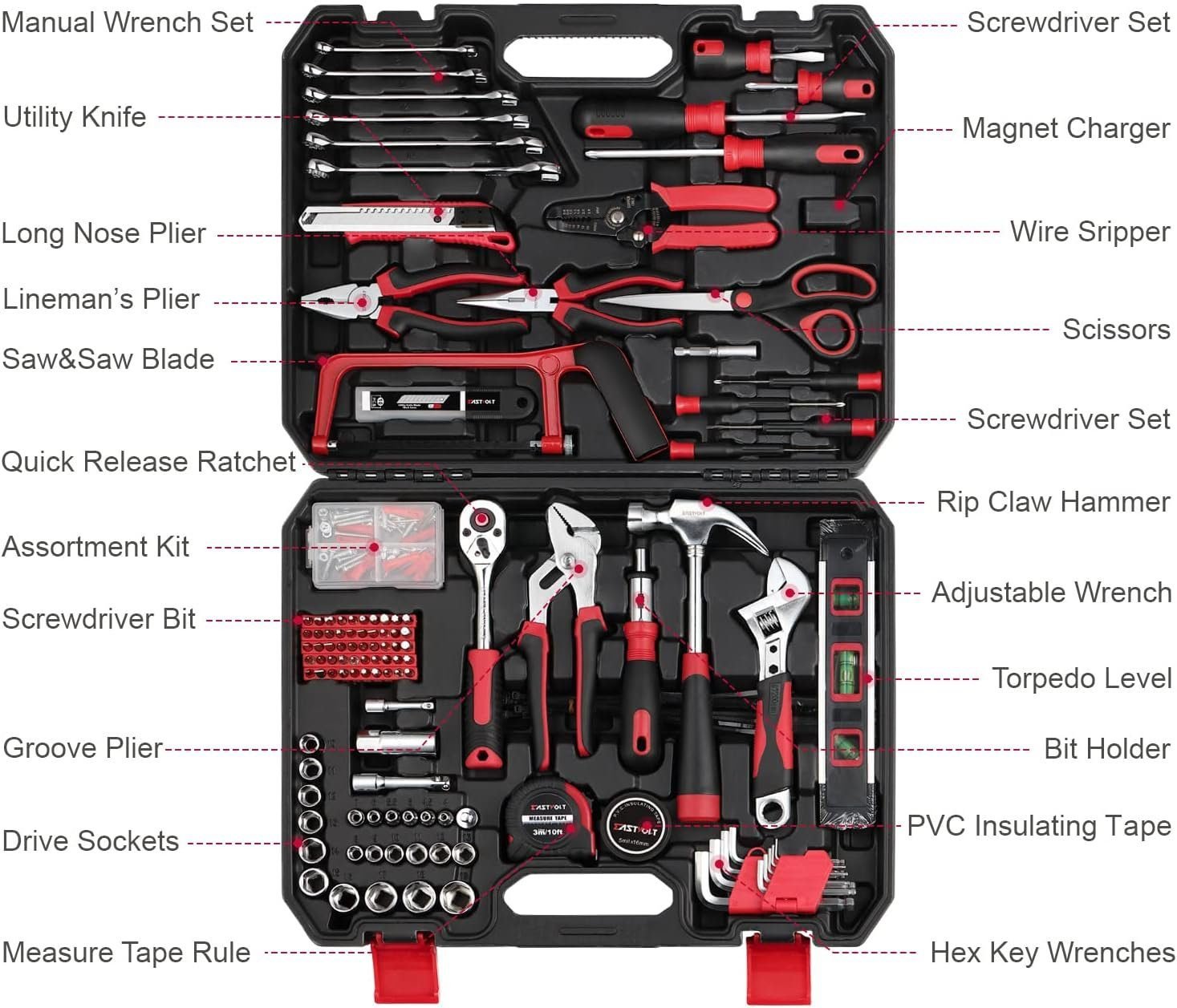 Eastvolt 218-Piece Household Tool Kit, Auto Repair Tool Set, Tool Kits for Homeowner, Plier, Screwdriver Set, Socket Kit and Toolbox Storage Case,Black + Red Eastvolt 218-Piece Household Tool Kit, Auto Repair Tool Set, Tool Kits for Homeowner, Plier, Screwdriver Set, Socket Kit and Toolbox Storage Case,Black + Red