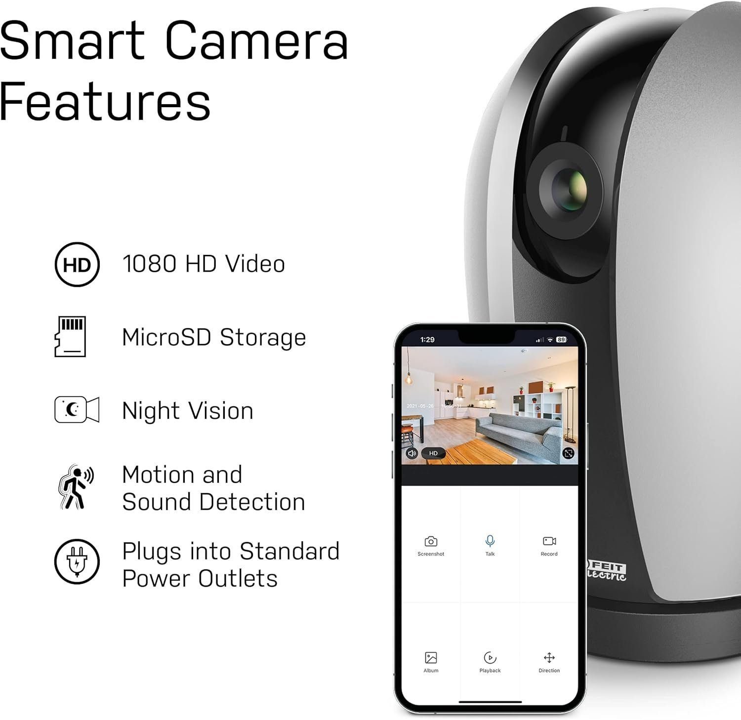 Feit Electric Indoor Security Camera with Motion Detection, 30ft. Night Vision, 360° Adjustable Head, 2.4GHz WiFi, 2-Way Audio, 1080p HD, Works with Alexa  Google Asst, Plug-in, White - CAM1/WIFI