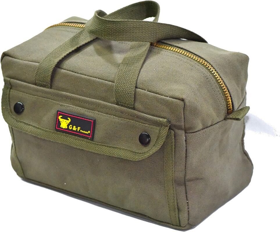 G  F Products Government Issued Style Mechanics Heavy Duty Tool Bag with Brass zipper and side pockets, tool bag for cars, drill, garden, and electrician. Olive Green , 11 x 7 x 6