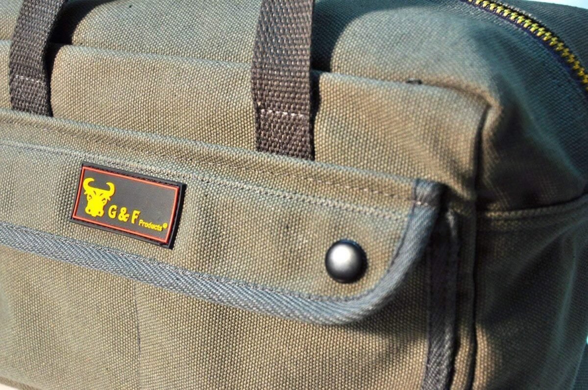 G  F Products Government Issued Style Mechanics Heavy Duty Tool Bag with Brass zipper and side pockets, tool bag for cars, drill, garden, and electrician. Olive Green , 11 x 7 x 6