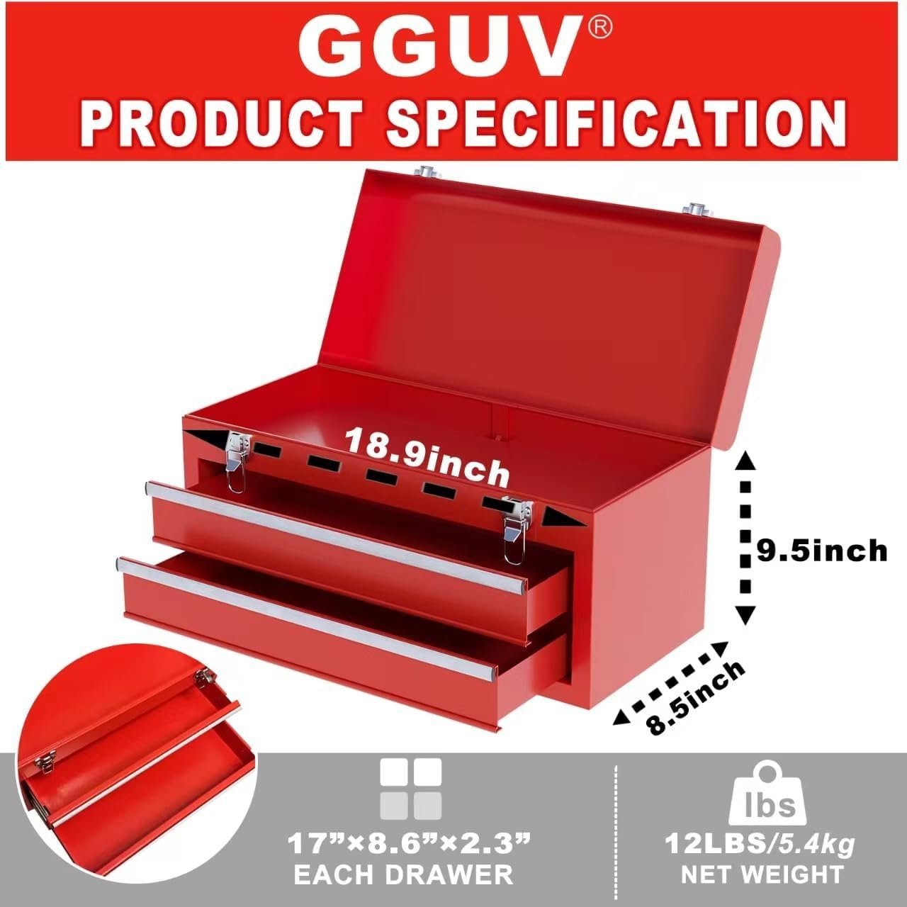GGUV 19 Tool Box, Portable Metal Toolbox, Large 2 Drawer Tool Chest with Ball-Bearing Slides, Lock and Keys, Red
