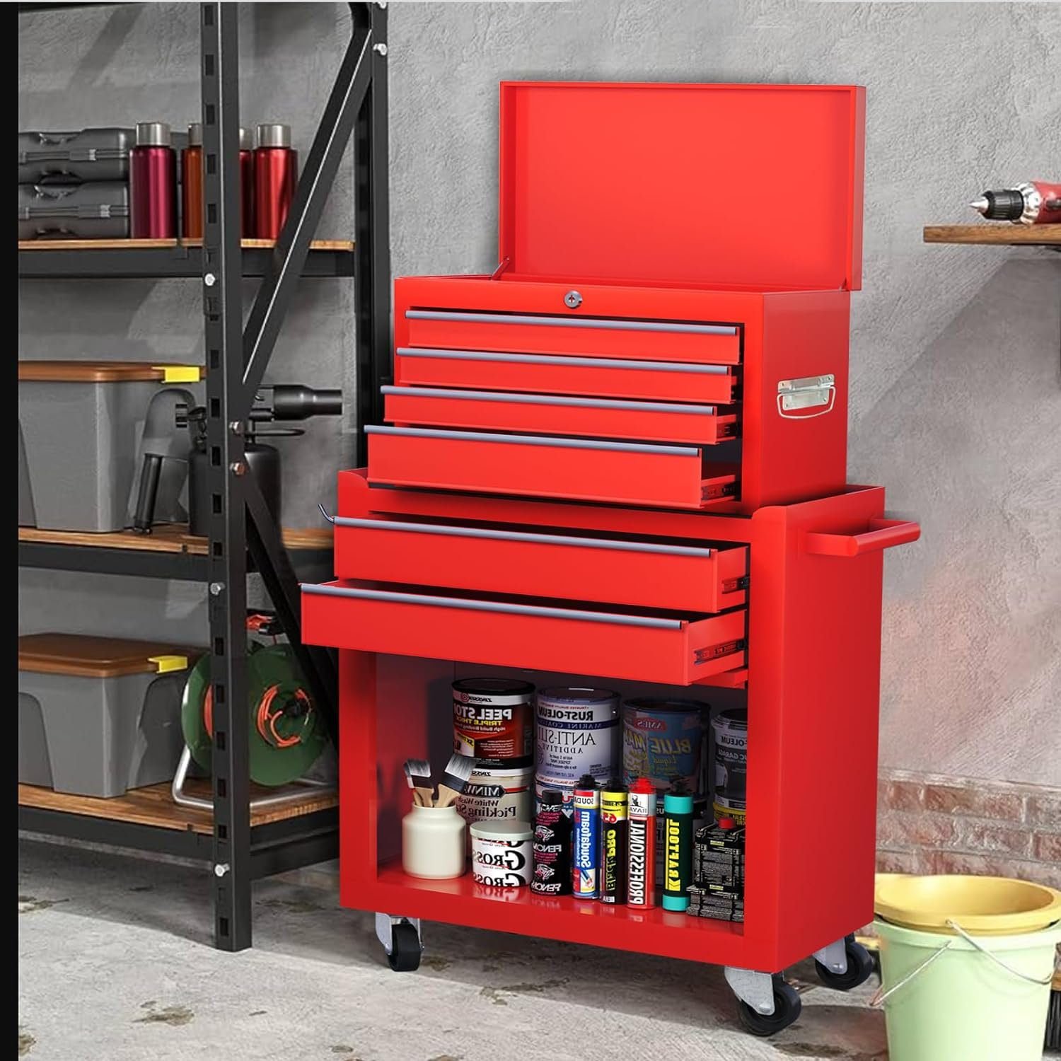 GGUV 19 Tool Box, Portable Metal Toolbox, Large 2 Drawer Tool Chest with Ball-Bearing Slides, Lock and Keys, Red