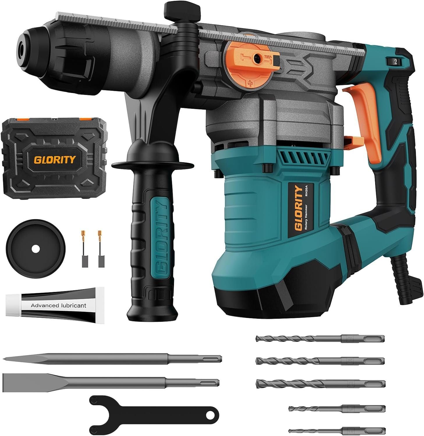 GLORITY 1-1/4 Inch SDS-Plus 13 Amp Heavy Duty Rotary Hammer Drill with Aluminum Alloy Housing, Safety Clutch 4 Functions and Variable Speed, Including 5 Drill Bits, Flat Chisels, Point Chisels. RH20A GLORITY 1-1/4 Inch SDS-Plus 13 Amp Heavy Duty Rotary Hammer Drill with Aluminum Alloy Housing, Safety Clutch 4 Functions and Variable Speed, Including 5 Drill Bits, Flat Chisels, Point Chisels. RH20A