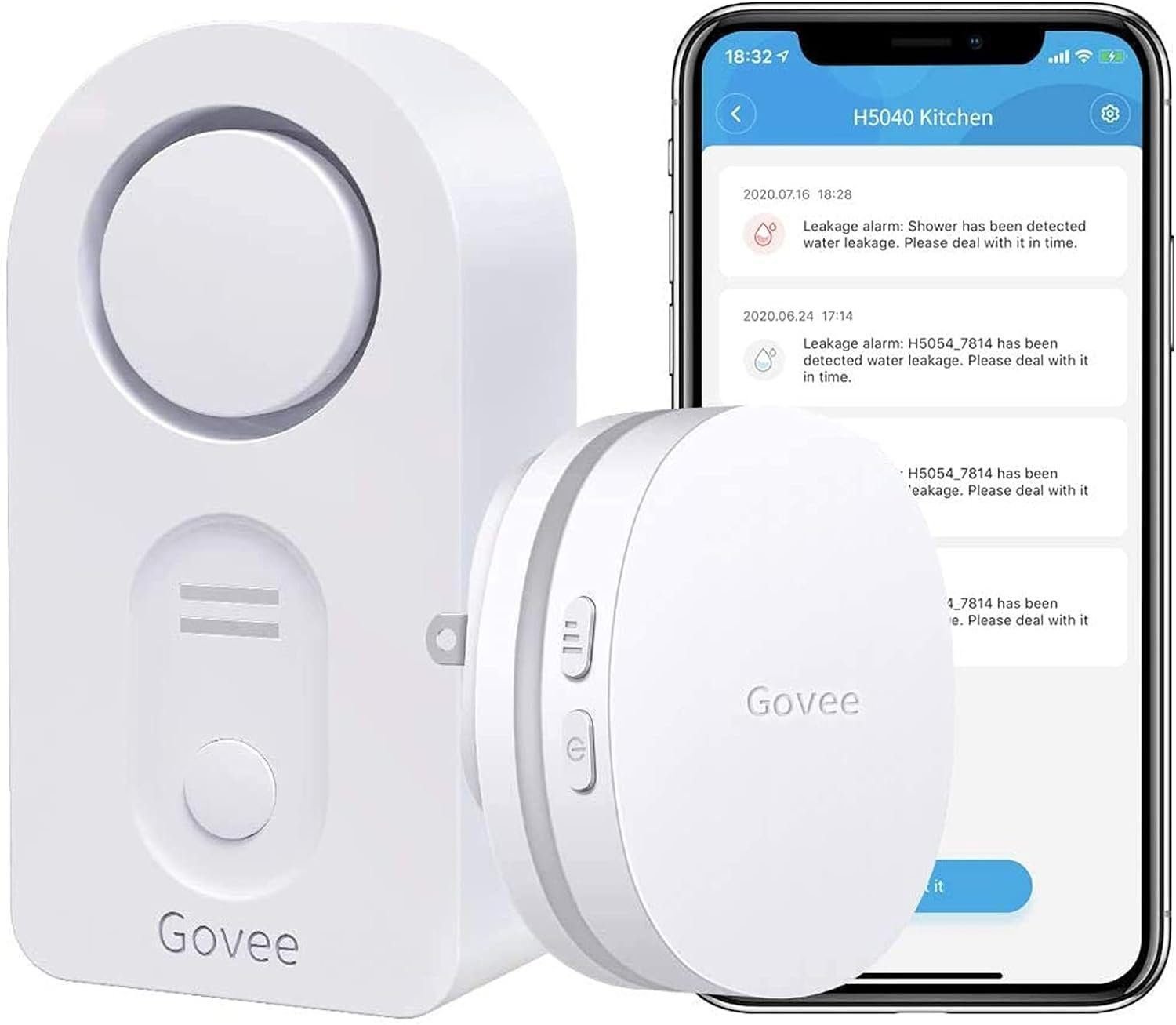 Govee WiFi Water Sensor 3 Pack, Water Leak Detector 100dB Adjustable Alarm and App Alerts, Leak and Drip Alert with Email, Wireless Detector for Home, Basement(Not Support 5G WiFi)