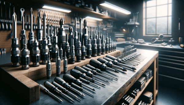 high-quality torque screwdrivers arranged artistically on a workshop bench.