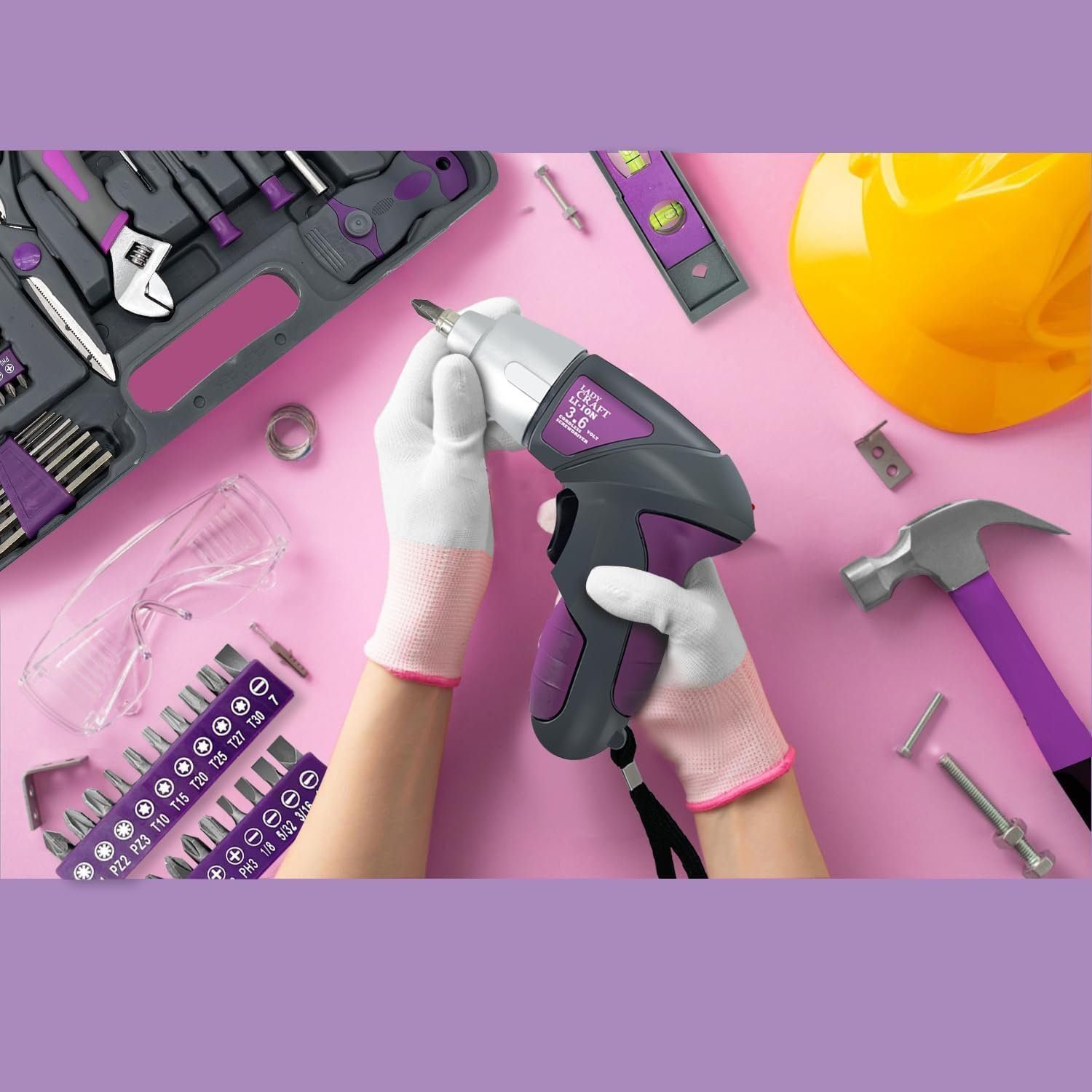 Hyperpower 44PCS 4V Cordless Screwdriver Tool Kit Set Pink Color Tools Lady Tools Kit Home Repair Set Toolbox Hand Tool Kit Storage Case Gift Set LADYCRAFT