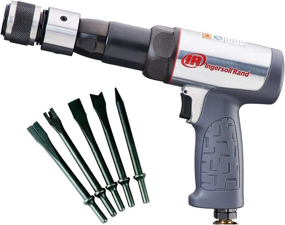 Ingersoll Rand 119MAXK Long Barrel Air Hammer Kit – 5 PC Chisel Set, Lightweight, Quiet, Compact, Powerful, Gray