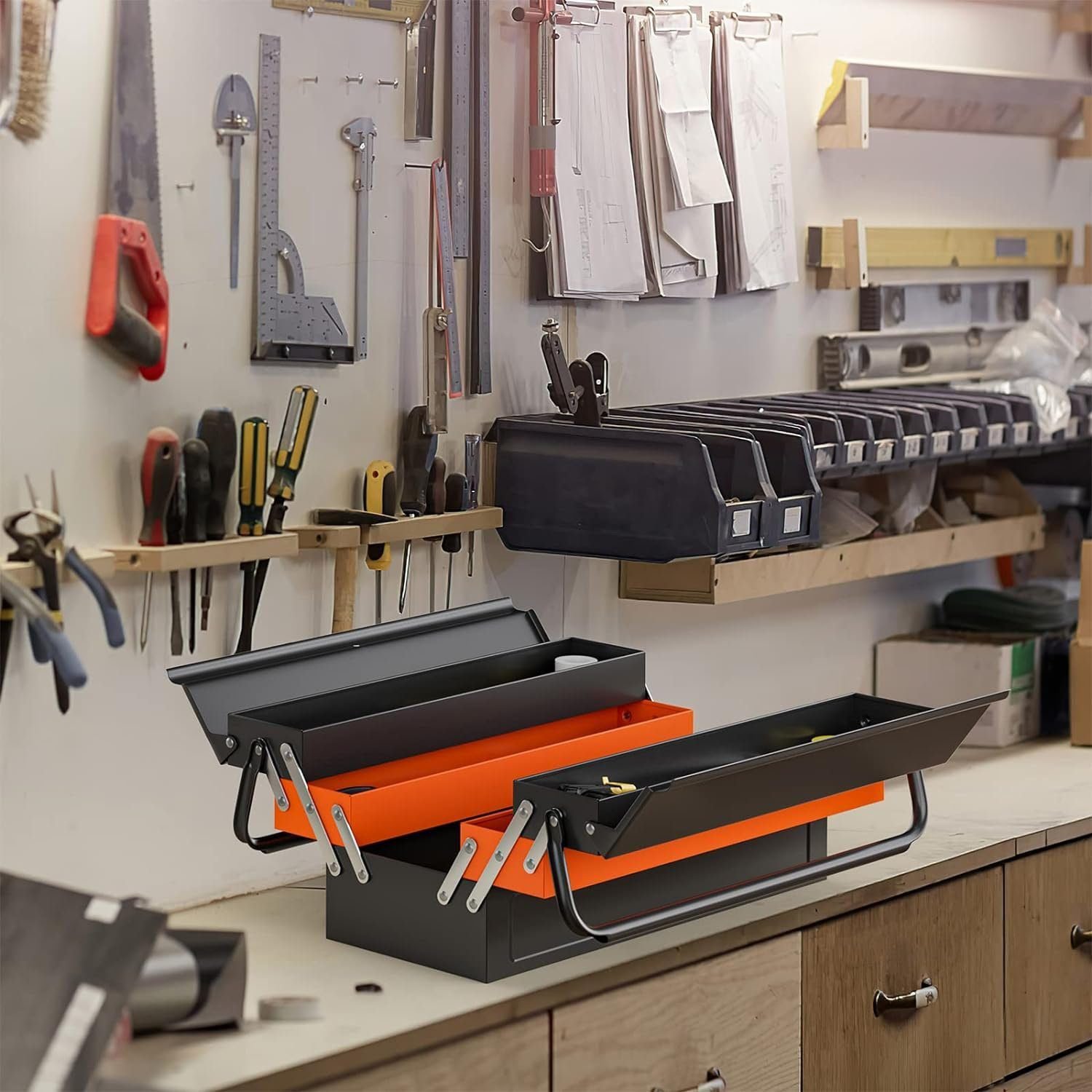 Nightcore 27” x 21” x 8.5” Metal Tool Box, 5-Tray Cantilever Tool Box with 3 Levels Fold Out Organizer Storage, Portable Folding Tool Organizer with Padlock Eyes Nightcore 27” x 21” x 8.5” Metal Tool Box, 5-Tray Cantilever Tool Box with 3 Levels Fold Out Organizer Storage, Portable Folding Tool Organizer with Padlock Eyes