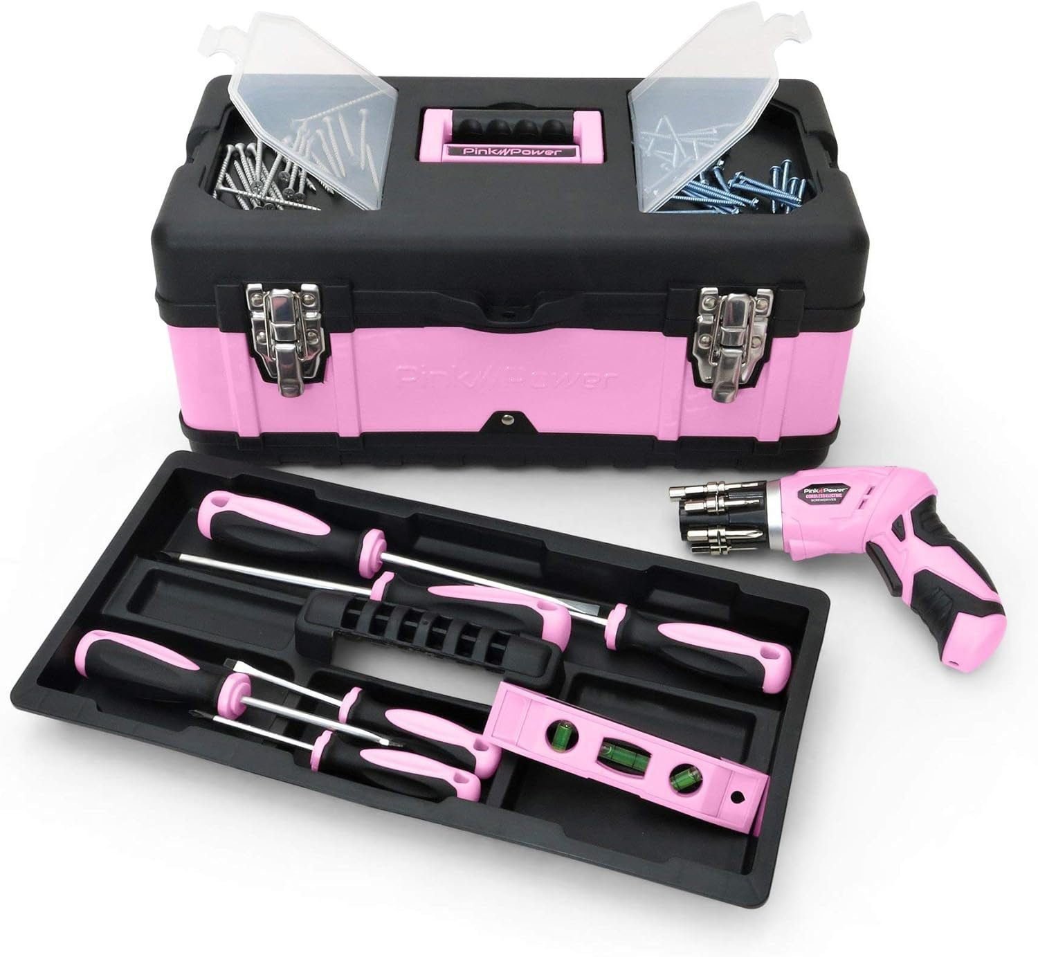 Pink Power Pink Tool Box for Women - 18 Small Metal  Plastic Portable Lightweight Pink Locking Empty Toolbox Chest - Craft Tote Storage Tool Case Organizer for Ladies Pink Tool Set Kit Pink Power Pink Tool Box for Women - 18 Small Metal  Plastic Portable Lightweight Pink Locking Empty Toolbox Chest - Craft Tote Storage Tool Case Organizer for Ladies Pink Tool Set Kit