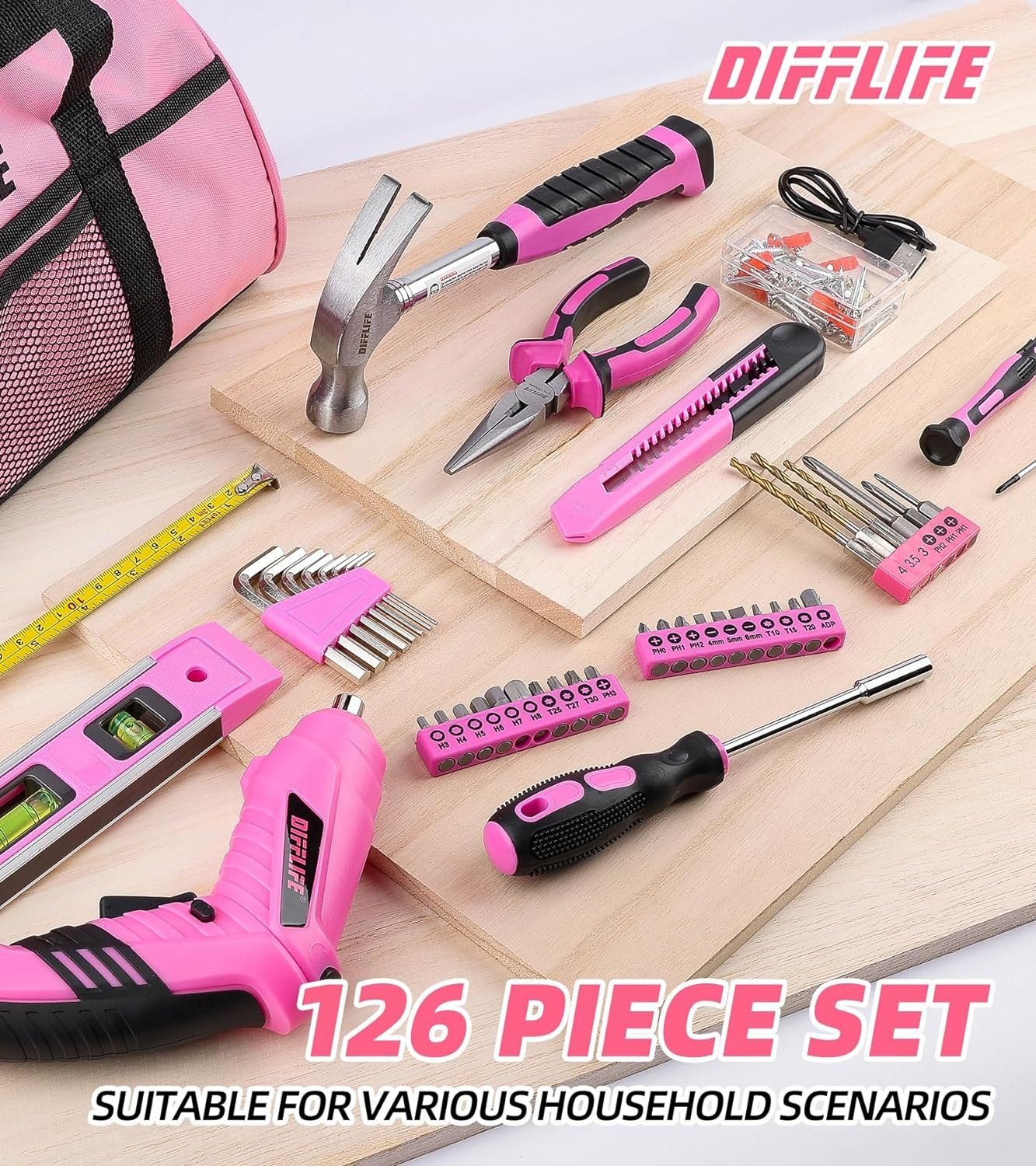 Pink Tool Set, 126-Piece Ladys Home Repairing Tool Kit with 13-Inch Wide Mouth Open Storage Tool Bag