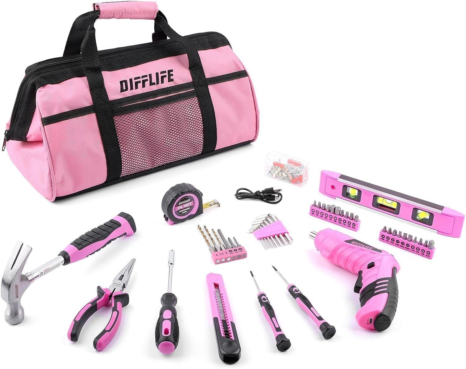 Pink Tool Set, 126-Piece Ladys Home Repairing Tool Kit with 13-Inch Wide Mouth Open Storage Tool Bag