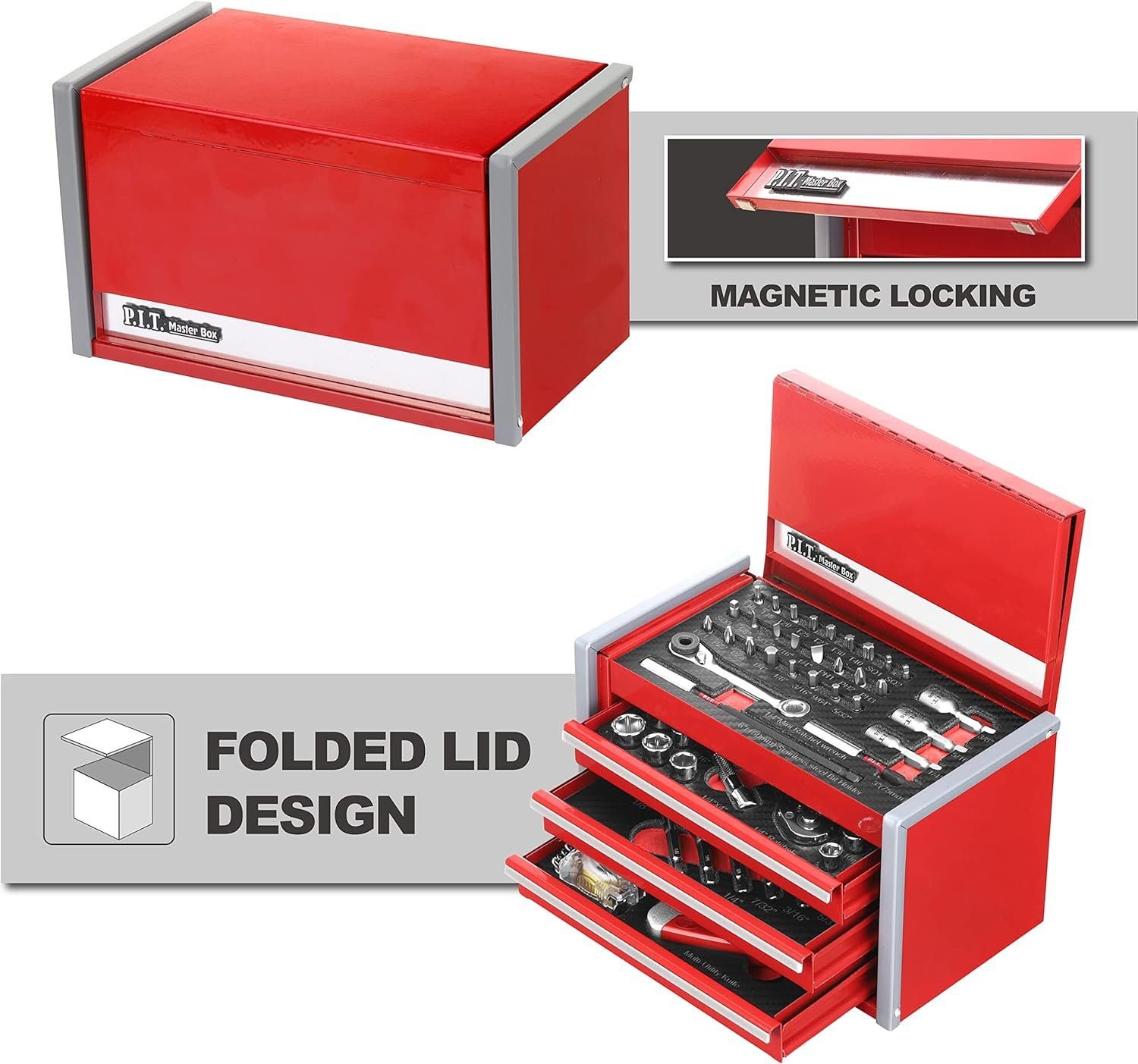 P.I.T. Mini Black Tool Box, Portable 3 Drawer Steel Tool Box with Magnetic Tab Locking, Black Micro Top Chest with Liner for Tools Storage, Home DIY P.I.T. Mini Black Tool Box, Portable 3 Drawer Steel Tool Box with Magnetic Tab Locking, Black Micro Top Chest with Liner for Tools Storage, Home DIY