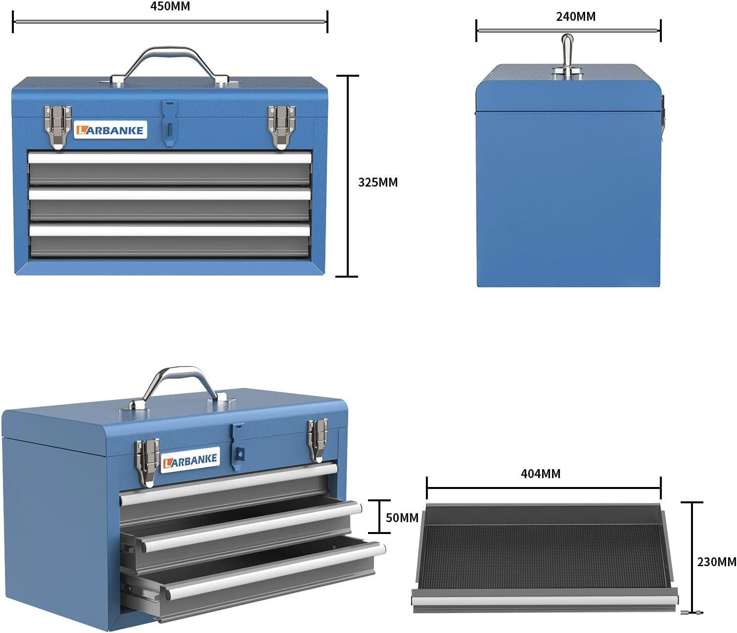 Portable Tool Box,with 3 Drawers and Top Storage Tray,Lockable Metal Tool Chest Cabinet,3-Drawer Tool Box with Liner,for Garage,Warehouse,Repair Shop and Home,Blue Tool Box