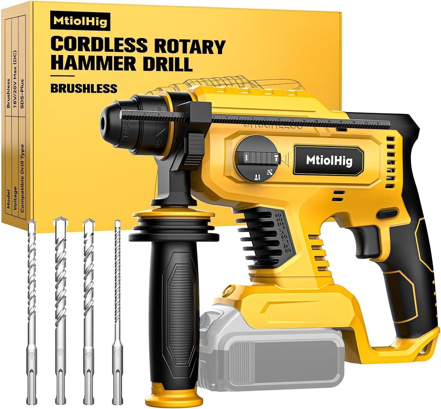 Rotary Hammer Drill for Dewalt 20V MAX Battery, Brushless Cordless with Safety Clutch for Concrete/Masonry, 2.5 Joules, 1500 RPM, 4 Application Modes with 360°Auxiliary Handle, Including 4 Drill Bits.