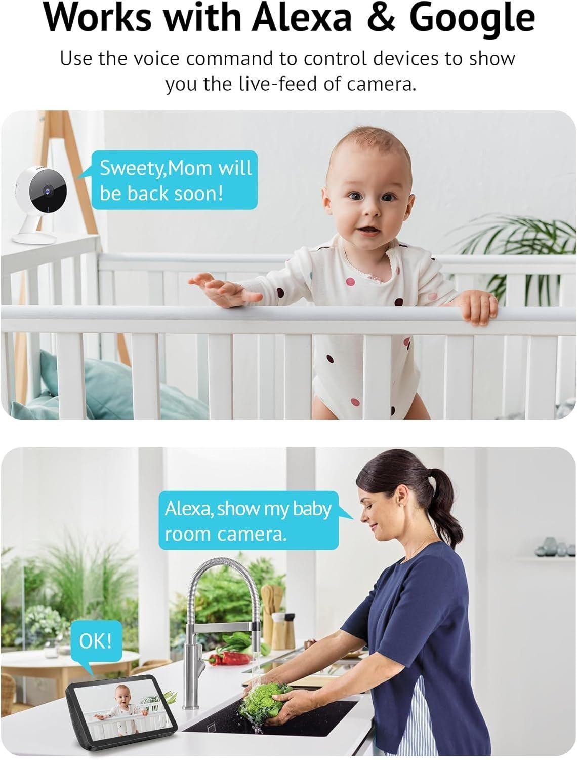 Smart Indoor Security Camera for Home(2 Pack), 1080p HD Baby Monitor with Motion and Sound Detection,Two-Way Audio, Night Vision, US Cloud Server  SD Card Storage, Compatible with Alexa