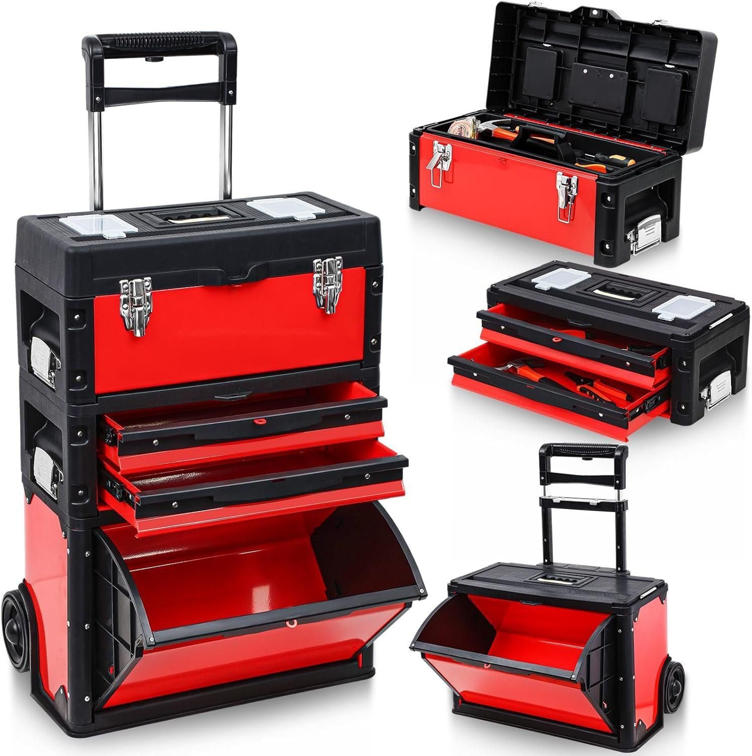 Stackable Rolling Tool Box Portable Metal Tool Chest with Wheels and Drawers 28.5 x 19 x 8.5 Inch Trolley Toolbox Organizer 3 Tier Red Upright Tool Bin for Garage or Workshop Stackable Rolling Tool Box Portable Metal Tool Chest with Wheels and Drawers 28.5 x 19 x 8.5 Inch Trolley Toolbox Organizer 3 Tier Red Upright Tool Bin for Garage or Workshop